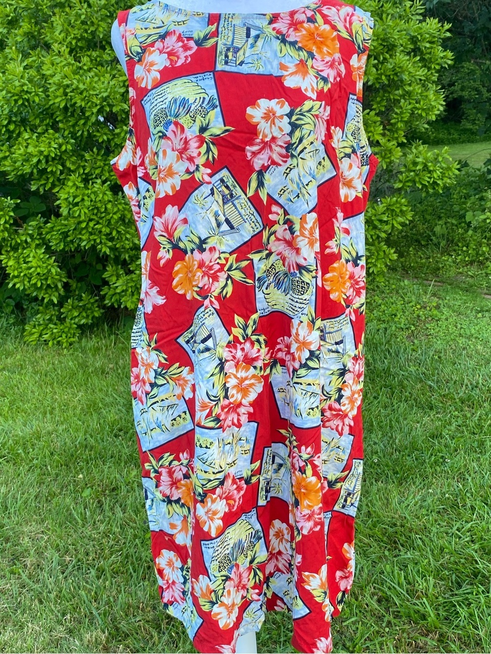 Vintage Villager Red Hawaiian Floral Midi Dress Large